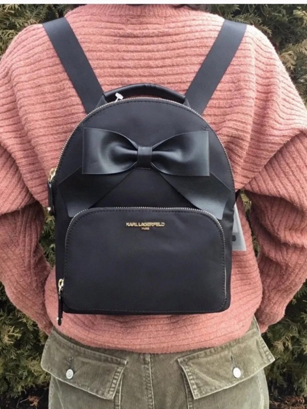 NWOT - Karl Lagerfeld Black Backpack with Leather Bow - Picture 3 of 12